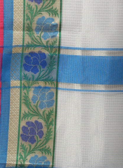 Faishana Presents Beige Resham Zari Stripe Brocade Contrast Blue Floral Zari Border Banarasi Saree