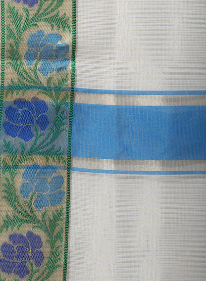 Faishana Presents Beige Resham Zari Stripe Brocade Contrast Blue Floral Zari Border Banarasi Saree