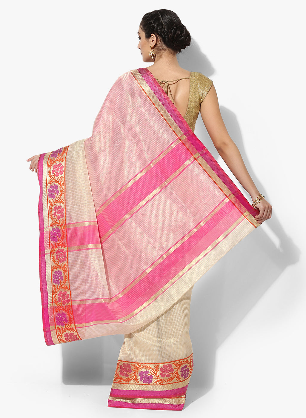 Faishana Presents Is Beige Resham Brocade Contrast Blue Zari Pattu Border Banarasi Saree.