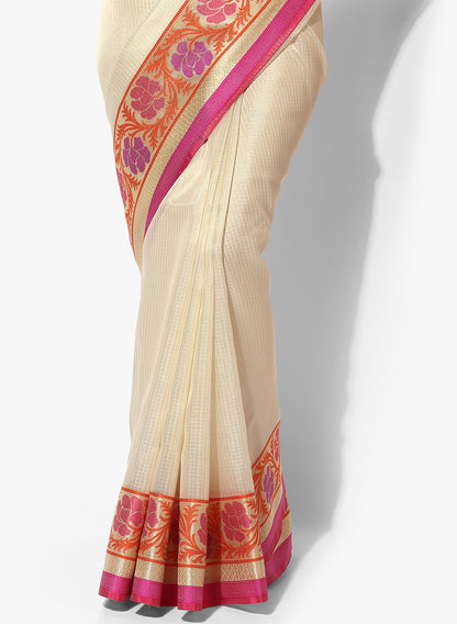 Faishana Presents Is Beige Resham Brocade Contrast Blue Zari Pattu Border Banarasi Saree.