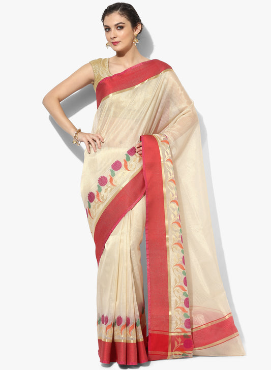 Faishana Presents Is Beige Resham Brocade Contrast Blue Zari Pattu Border Banarasi Saree.
