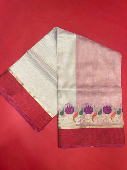 Faishana Presents Is Beige Resham Brocade Contrast Blue Zari Pattu Border Banarasi Saree.