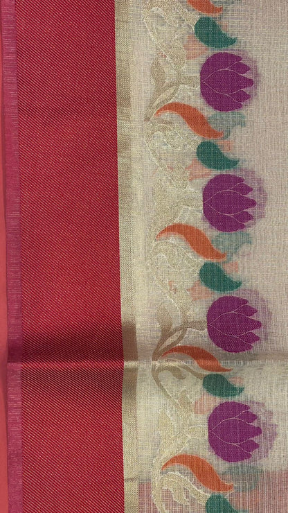 Faishana Presents Is Beige Resham Brocade Contrast Blue Zari Pattu Border Banarasi Saree.