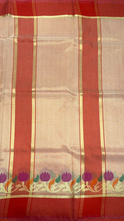 Faishana Presents Is Beige Resham Brocade Contrast Blue Zari Pattu Border Banarasi Saree.