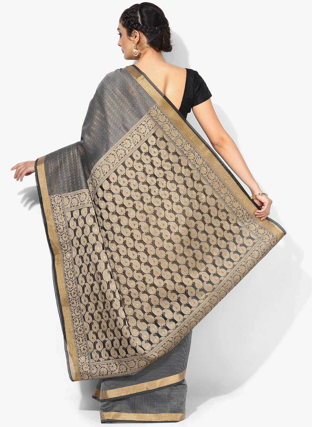 Faishana Presents Is Grey Resham Brocade Contrast Blue Zari Pattu Border Banarasi Saree.