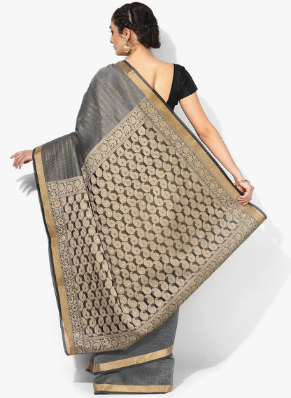 Faishana Presents Is Grey Resham Brocade Contrast Blue Zari Pattu Border Banarasi Saree.