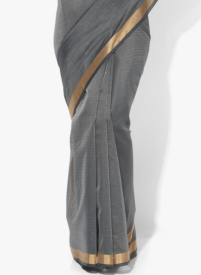 Faishana Presents Is Grey Resham Brocade Contrast Blue Zari Pattu Border Banarasi Saree.