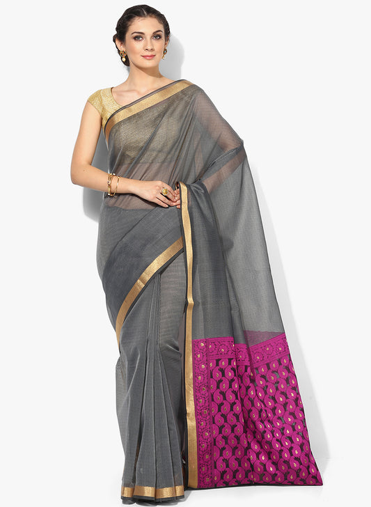 Faishana Presents Is Grey Resham Brocade Contrast Blue Zari Pattu Border Banarasi Saree.