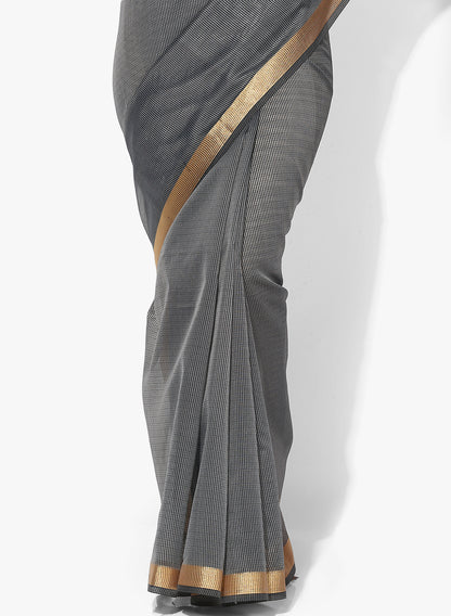 Faishana Presents Is Grey Resham Brocade Contrast Blue Zari Pattu Border Banarasi Saree.