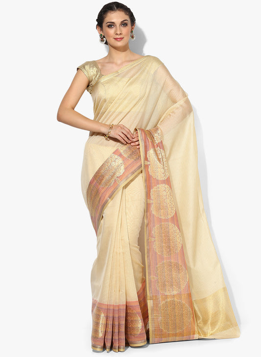 Faishana Presents Is Off-white Resham Brocade Contrast Blue Zari Pattu Border Banarasi Saree.