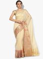 Faishana Presents Is Off-white Resham Brocade Contrast Blue Zari Pattu Border Banarasi Saree.