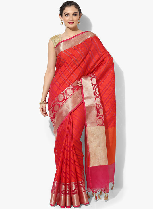 Faishana Presents Is Red Brocade Contrast Blue Zari Pattu Border Banarasi Saree.
