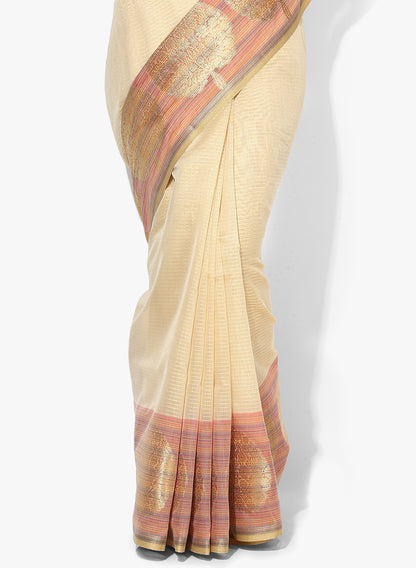 Faishana Presents Is Off-white Resham Brocade Contrast Blue Zari Pattu Border Banarasi Saree.