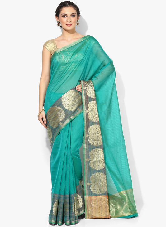 Faishana Presents Is Green Resham Brocade Contrast Blue Zari Pattu Border Banarasi Saree.