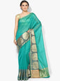 Faishana Presents Is Green Resham Brocade Contrast Blue Zari Pattu Border Banarasi Saree.