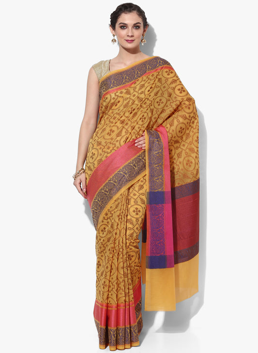 Faishana Presents Is Mustard Brocade Contrast Zari Pattu Border Banarasi Saree