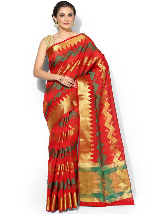 Faishana Presents Is Redbrocade Contrast Zari Pattu Border Banarasi Saree.