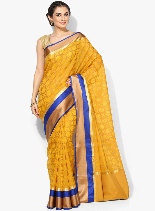 Faishana Presents Yellow Brocade Contrast Zari Pattu Border Banarasi Saree