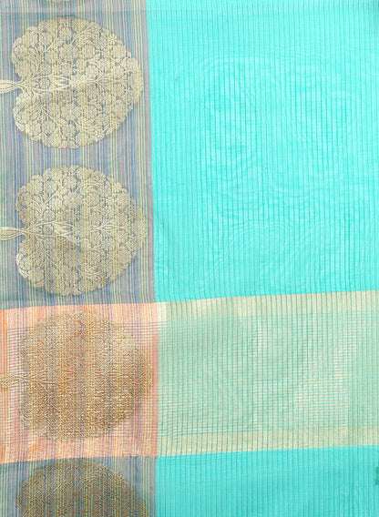 Faishana Presents Is Green Resham Brocade Contrast Blue Zari Pattu Border Banarasi Saree.
