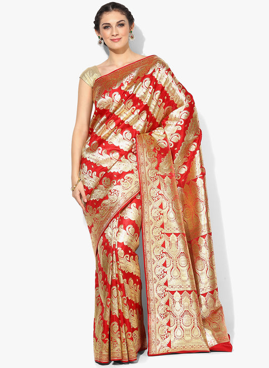 Faishana Presents Is Red Satin Banarasi Saree