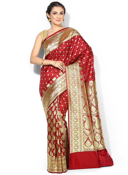 Faishana Presents Is Maroon Satin Banarasi Saree.
