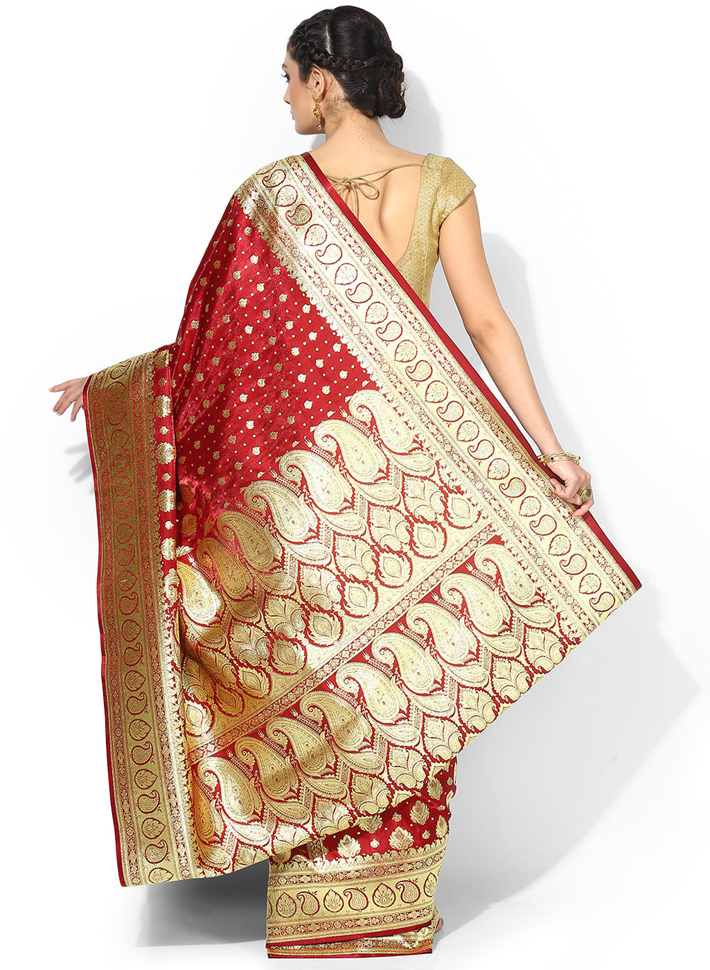 Faishana Presents Is Maroon Satin Banarasi Saree.