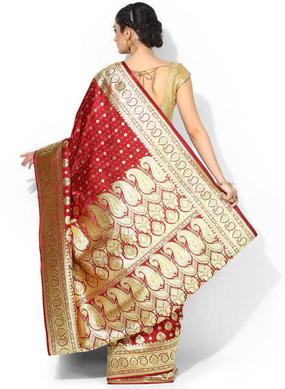 Faishana Presents Is Maroon Satin Banarasi Saree.
