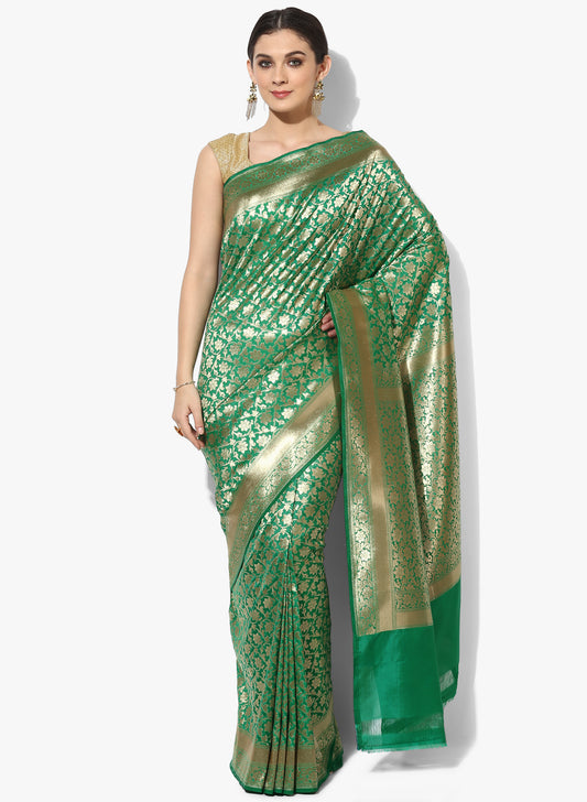 Faishana Presents Green Satin Silk Zari Jaal Banarasi Border Paired with Green Blouse Saree