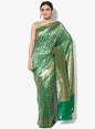 Faishana Presents Green Satin Silk Zari Jaal Banarasi Border Paired with Green Blouse Saree