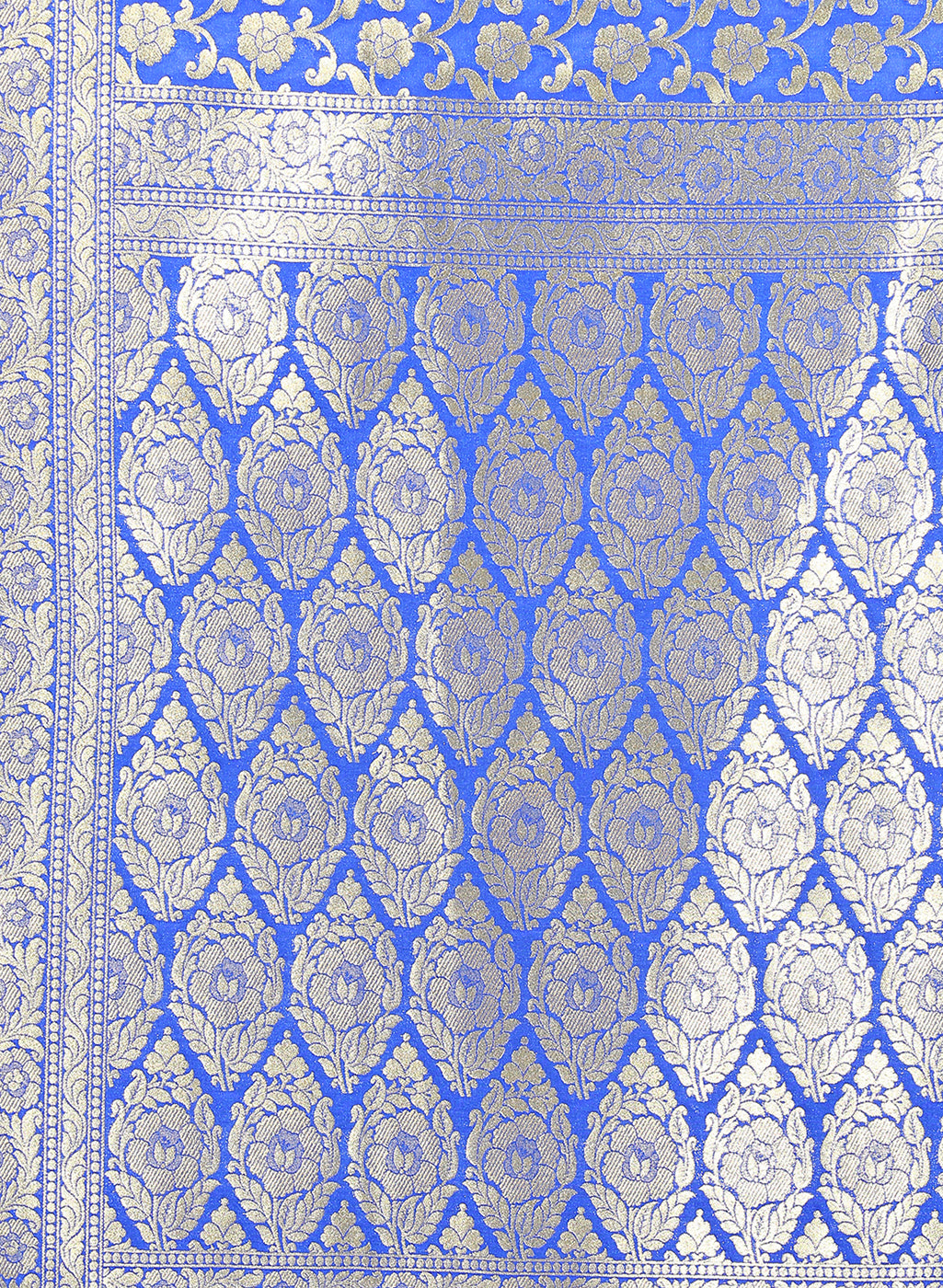 Faishana Presents Blue Satin Silk Zari Jaal Banarasi Border with Matching Blue Blouse Saree