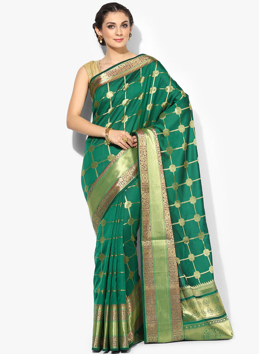 Faishana Presents Green Satin Silk Floral Zari Stripe Checkered Banarasi Saree