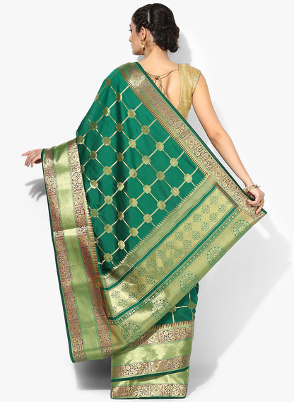 Faishana Presents Green Satin Silk Floral Zari Stripe Checkered Banarasi Saree