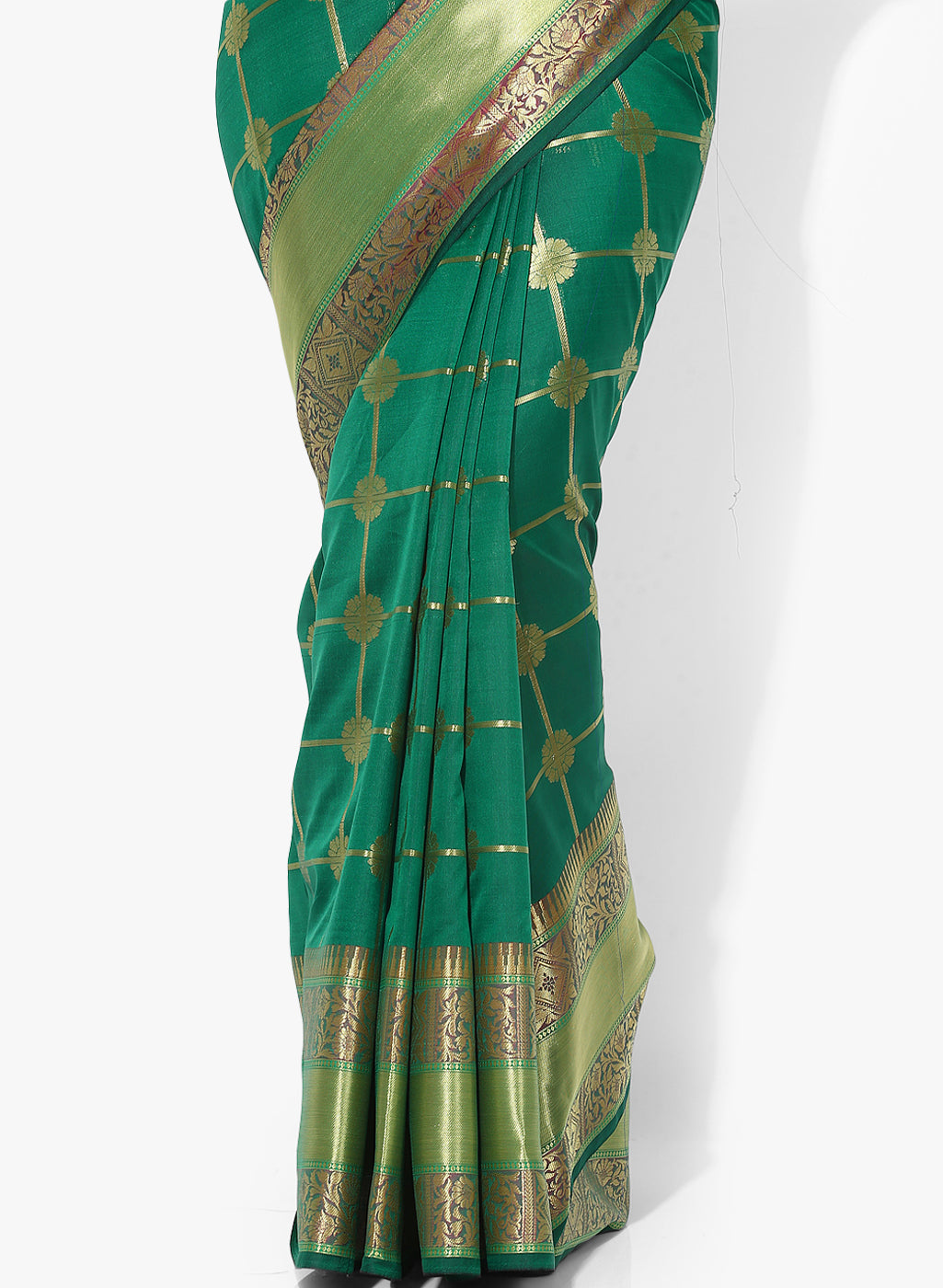 Faishana Presents Green Satin Silk Floral Zari Stripe Checkered Banarasi Saree