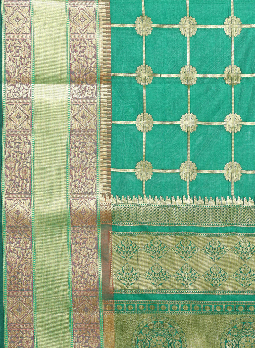 Faishana Presents Green Satin Silk Floral Zari Stripe Checkered Banarasi Saree