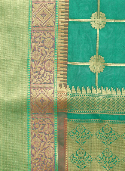 Faishana Presents Green Satin Silk Floral Zari Stripe Checkered Banarasi Saree