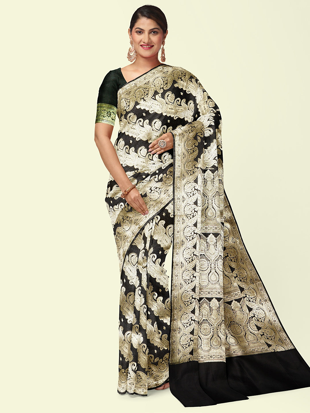 Faishana Presents Black Satin Silk Daigonal Zari Jaal With Black Blouse Banarasi Saree