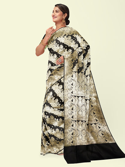 Faishana Presents Black Satin Silk Daigonal Zari Jaal With Black Blouse Banarasi Saree