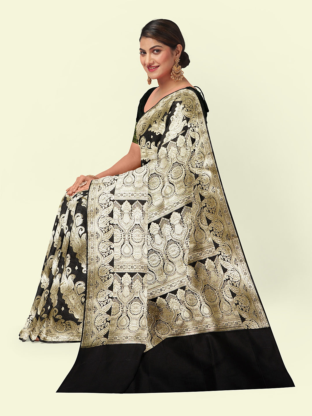 Faishana Presents Black Satin Silk Daigonal Zari Jaal With Black Blouse Banarasi Saree