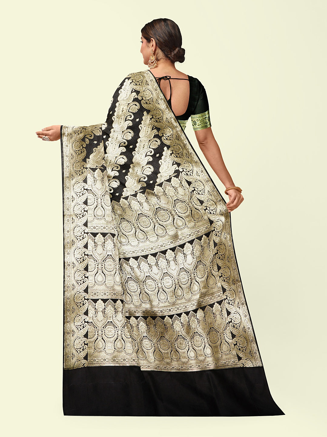 Faishana Presents Black Satin Silk Daigonal Zari Jaal With Black Blouse Banarasi Saree
