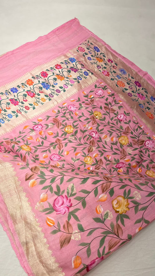 Faishana Presents Pure Handloom Pink Tussar Silk Floral Hand Brush Painted with Paithani Border Saree