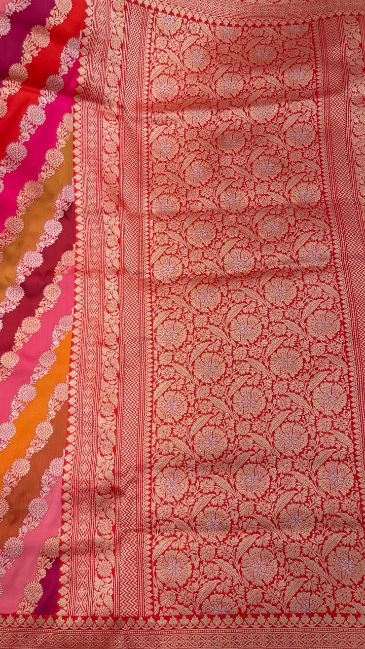 Faishana Presents Pure Silk Handloom Rangkaat Kadhwa Border and Anchal with Red Kadhwa Blouse Banarasi Saree