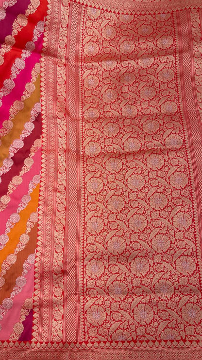 Faishana Presents Pure Silk Handloom Rangkaat Kadhwa Border and Anchal with Red Kadhwa Blouse Banarasi Saree