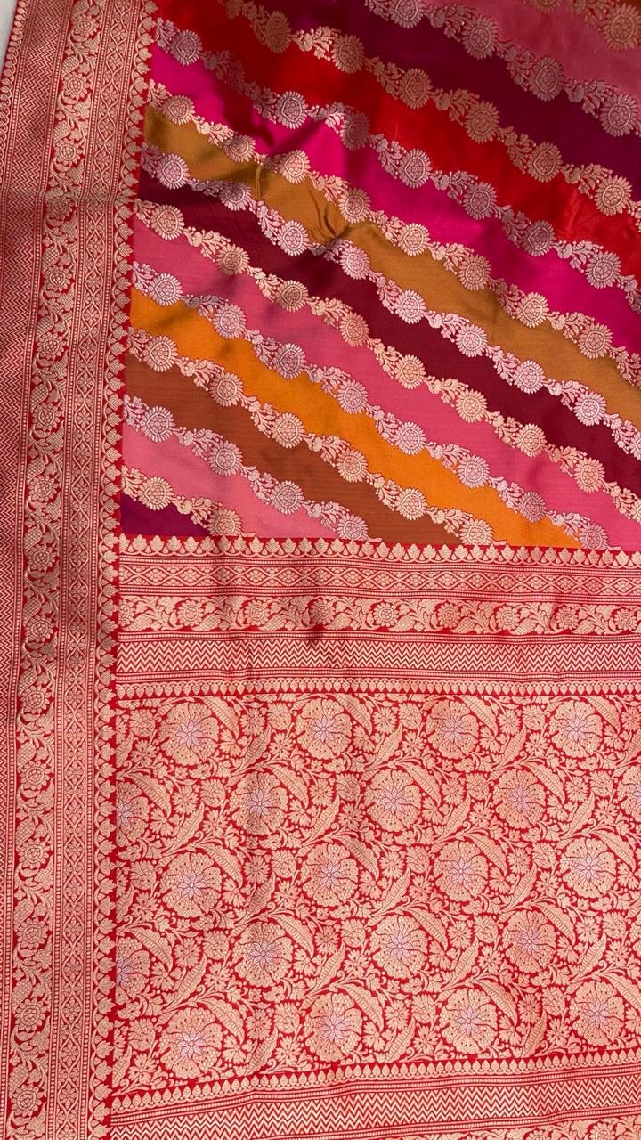 Faishana Presents Pure Silk Handloom Rangkaat Kadhwa Border and Anchal with Red Kadhwa Blouse Banarasi Saree