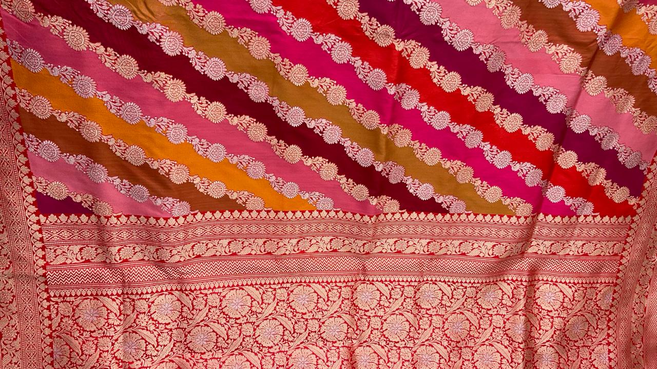 Faishana Presents Pure Silk Handloom Rangkaat Kadhwa Border and Anchal with Red Kadhwa Blouse Banarasi Saree