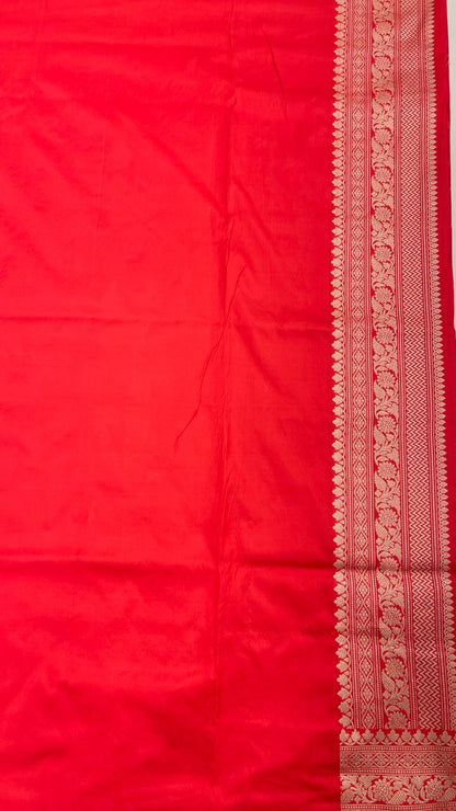 Faishana Presents Pure Silk Handloom Rangkaat Kadhwa Border and Anchal with Red Kadhwa Blouse Banarasi Saree