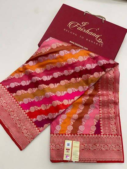 Faishana Presents Pure Silk Handloom Rangkaat Kadhwa Border and Anchal with Red Kadhwa Blouse Banarasi Saree