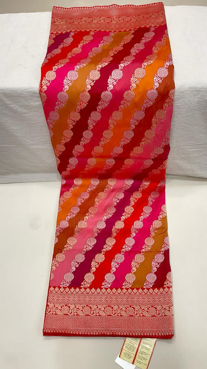 Faishana Presents Pure Silk Handloom Rangkaat Kadhwa Border and Anchal with Red Kadhwa Blouse Banarasi Saree