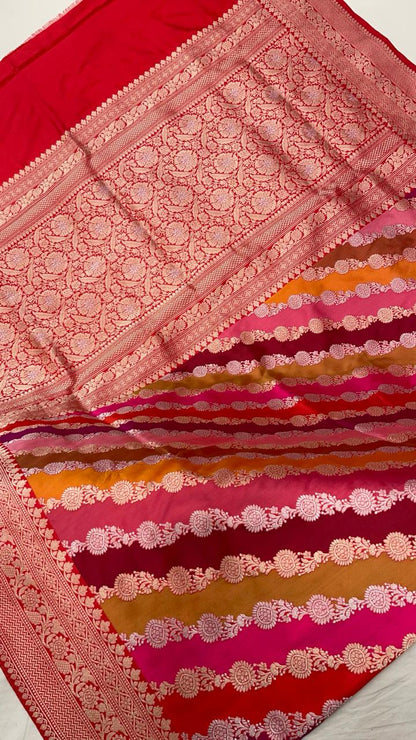 Faishana Presents Pure Silk Handloom Rangkaat Kadhwa Border and Anchal with Red Kadhwa Blouse Banarasi Saree