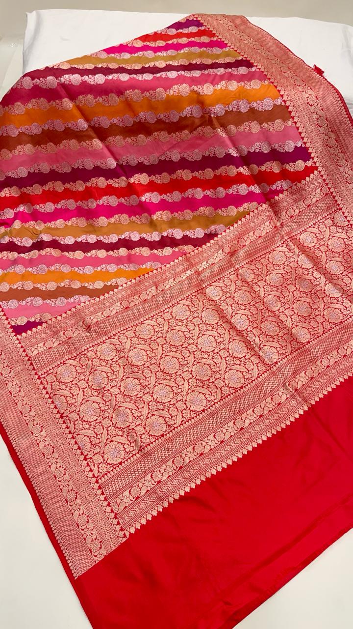 Faishana Presents Pure Silk Handloom Rangkaat Kadhwa Border and Anchal with Red Kadhwa Blouse Banarasi Saree