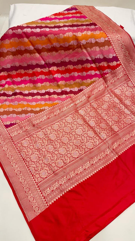 Faishana Presents Pure Silk Handloom Rangkaat Kadhwa Border and Anchal with Red Kadhwa Blouse Banarasi Saree